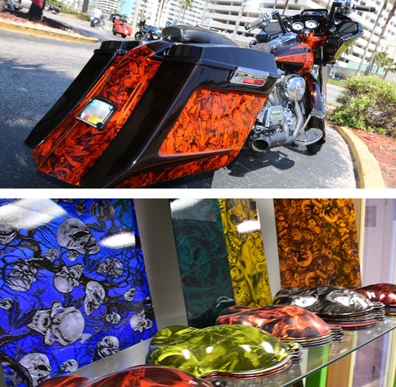 water transfer printing, picture of a motorcycle with graphics that put on by water transfer printing and a display of examples