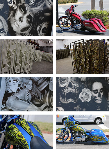 collage of water transfer printing examples with pictures of white weapons camouflage weapons and motorcycles that were decorated with water transfer printing